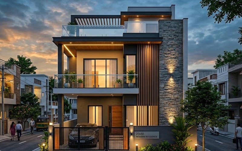 Best Double Floor 3D Elevation Design for 20x50 Plot